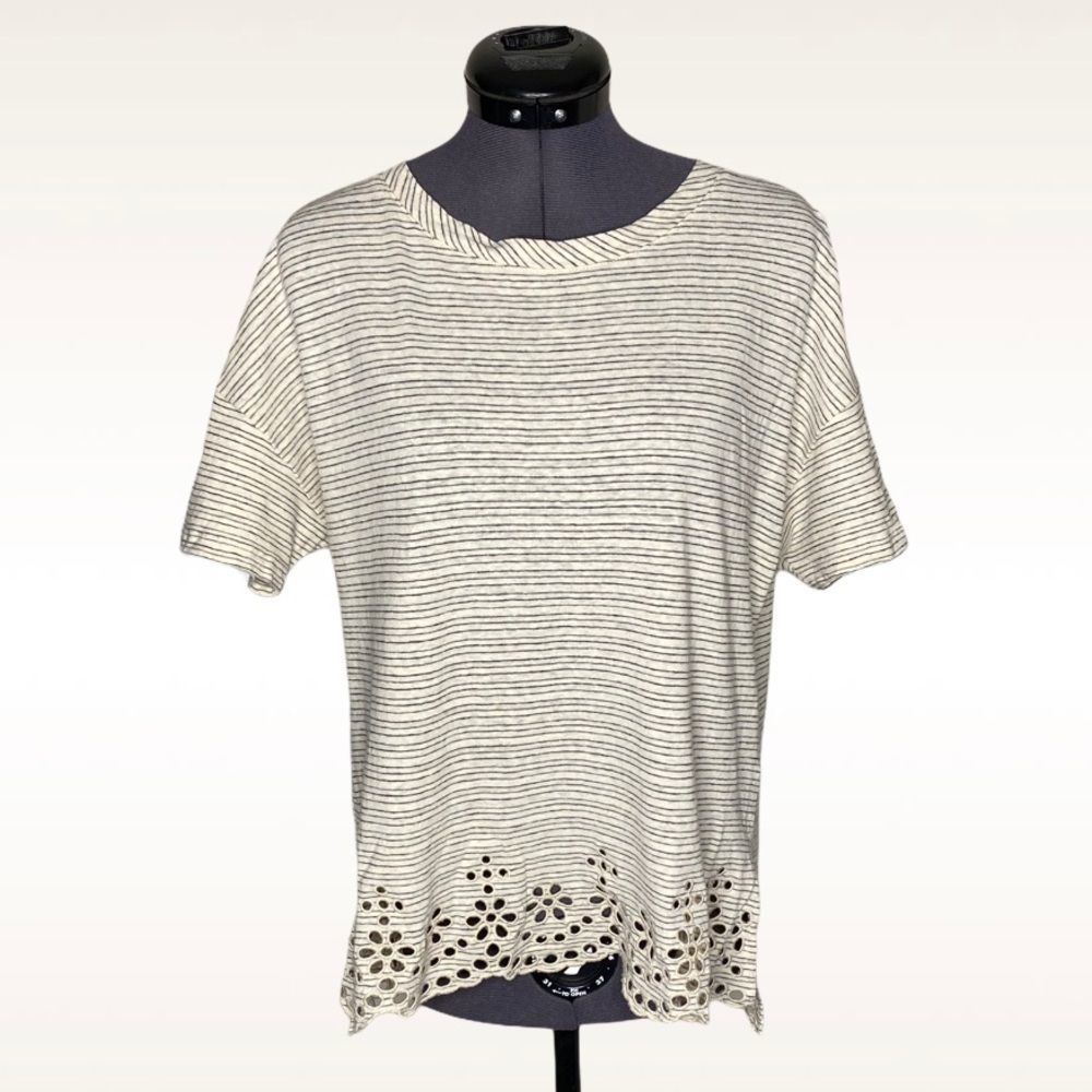 Anthro Postage Eyelet Trimmed Hem Striped Short Sleeve Casual Tee Top - Picture 5 of 8